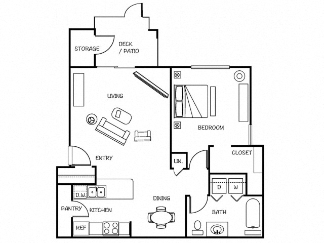 Floor plan for 1 bed, 1 bath, 908 sqft